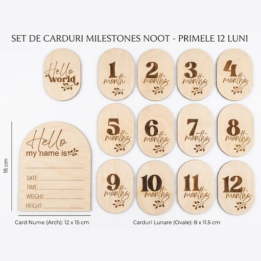 Set Carduri Milestone din Lemn, pentru Bebeluș, Primele 12 Luni, 14 Piese