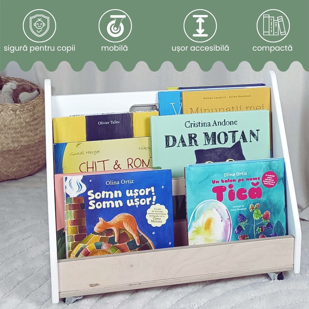 Bibliotecă Montessori cu roți, în formă de căsuță BOOKY