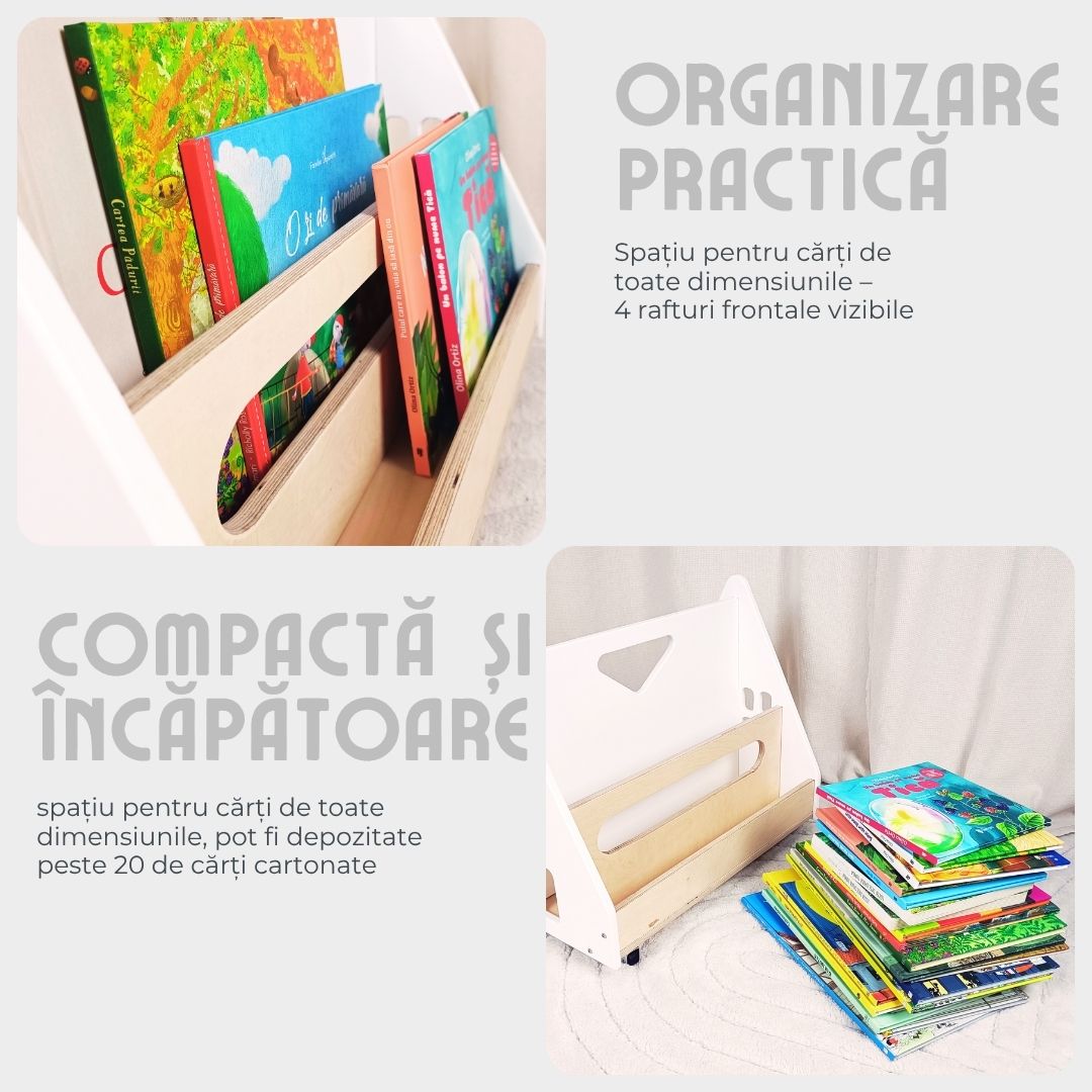 Bibliotecă Montessori cu roți, în formă de căsuță BOOKY