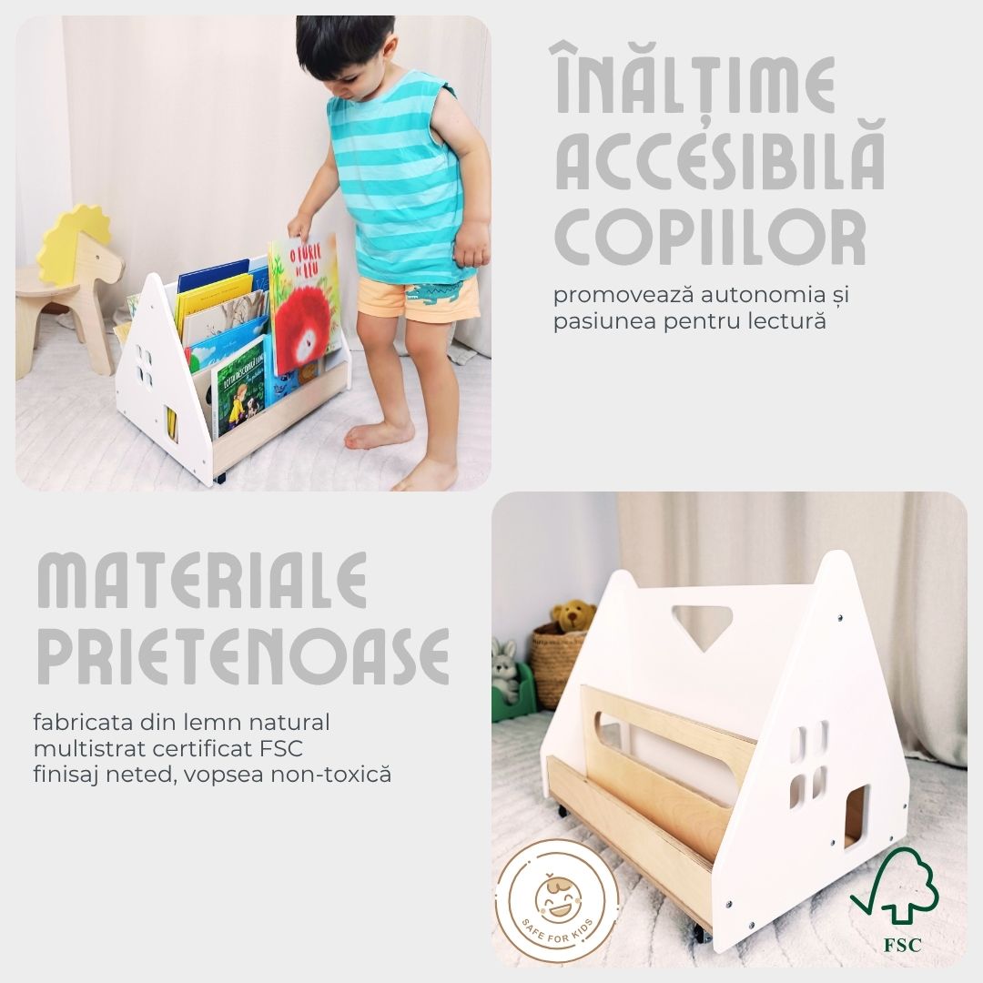Bibliotecă Montessori cu roți, în formă de căsuță BOOKY