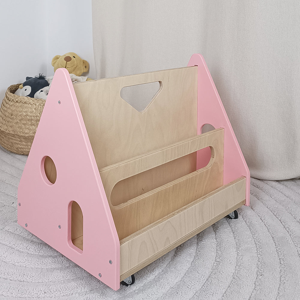 Bibliotecă Montessori cu roți, în formă de căsuță BOOKY