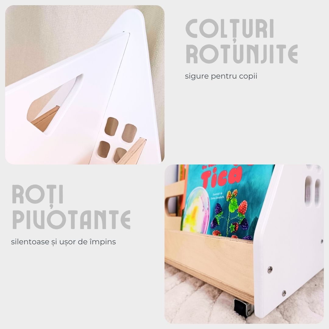 Bibliotecă Montessori cu roți, în formă de căsuță BOOKY
