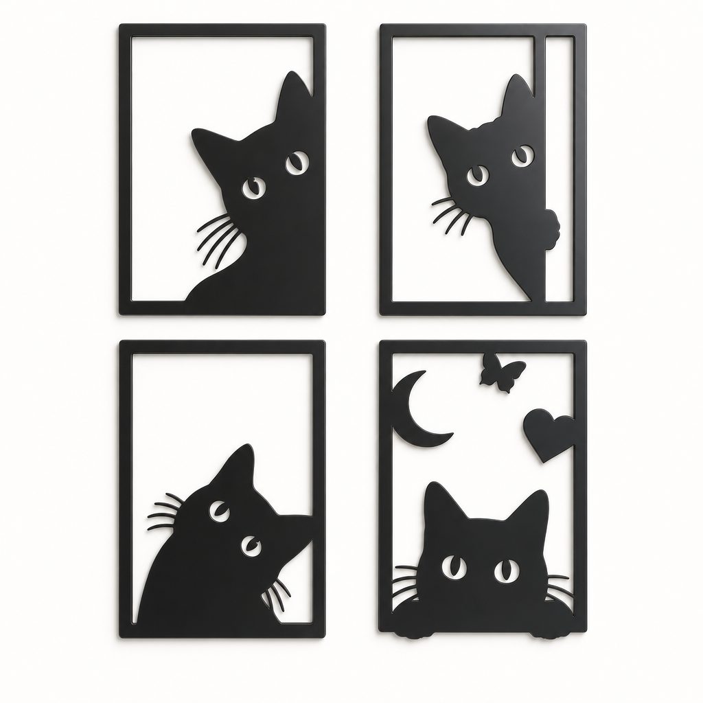 Set 4 panouri decorative cu pisici negre, rame dreptunghiulare și motive diferite