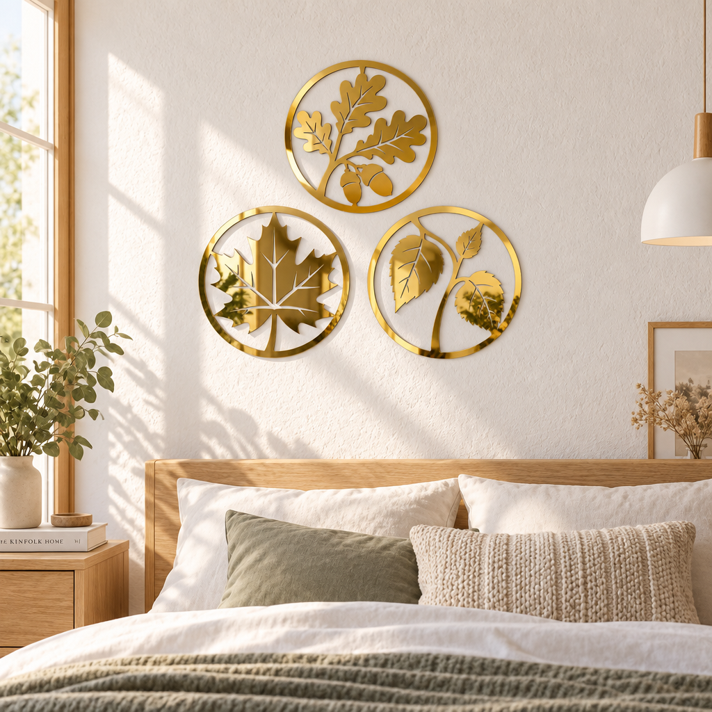Set 3 decorațiuni de perete din plexiglas oglindă auriu – Toamna în Reflexii, NOOT, Ø20 cm