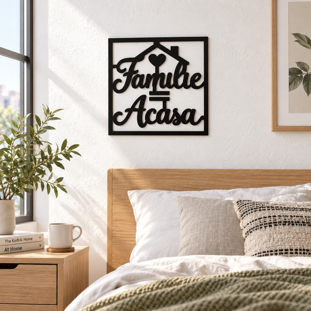 Decorațiune de perete „Familie = Acasă” din plexiglas negru, 30 x 30 cm – NOOT