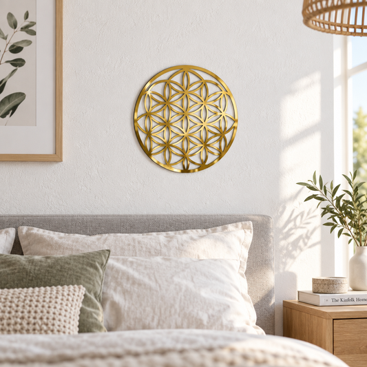 Aurora Geometrică – Decorațiune Floarea Vieții din Plexiglas Oglindă Auriu, Ø 20 cm | NOOT