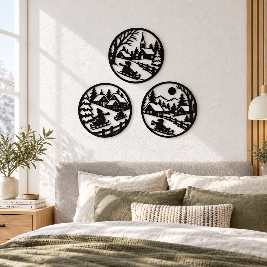 Set 3 decorațiuni de perete Iarna la Țară – Plexiglas negru, Ø 23 cm | NOOT