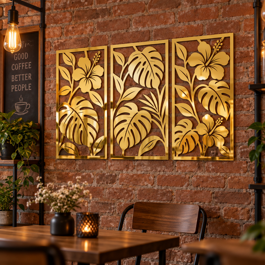 Set 3 decorațiuni de perete Eleganță Tropicală – Plexiglas Oglindă Auriu, 20 × 40 cm | NOOT