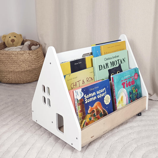 Bibliotecă Montessori cu roți, în formă de căsuță BOOKY