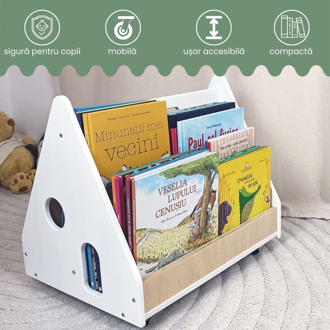 Biblioteca Montessori cu roti, in forma de casuta BOOKY Pearl