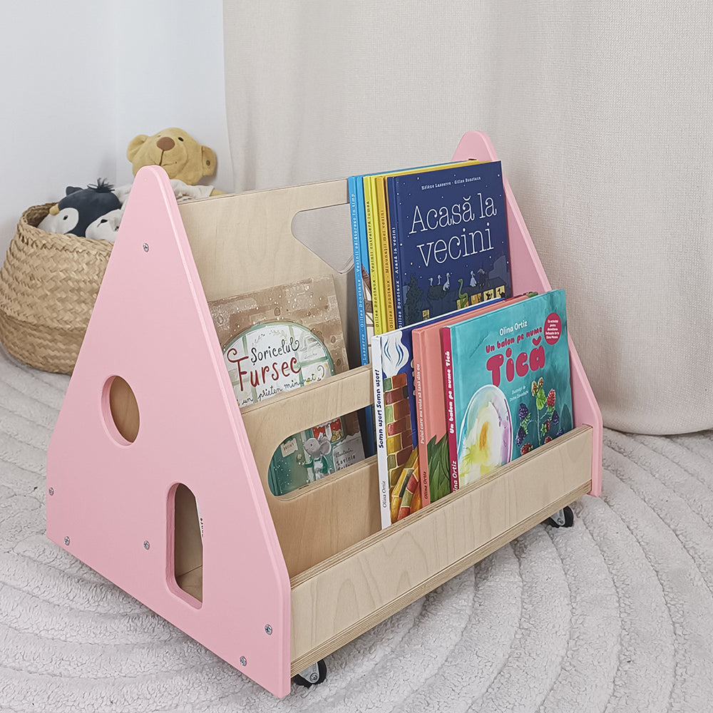 Bibliotecă Montessori cu roți, în formă de căsuță BOOKY