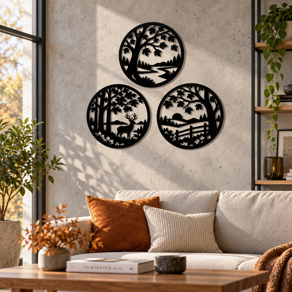 Trilogie de Toamnă – Set 3 decorațiuni de perete din plexiglas negru, Ø 23 cm | NOOT