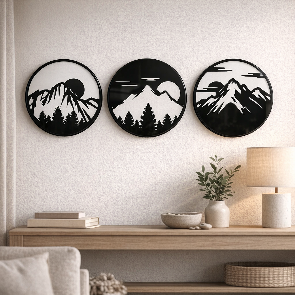 Set 3 modele decorative cu munți, brazi și soare în compoziții circulare