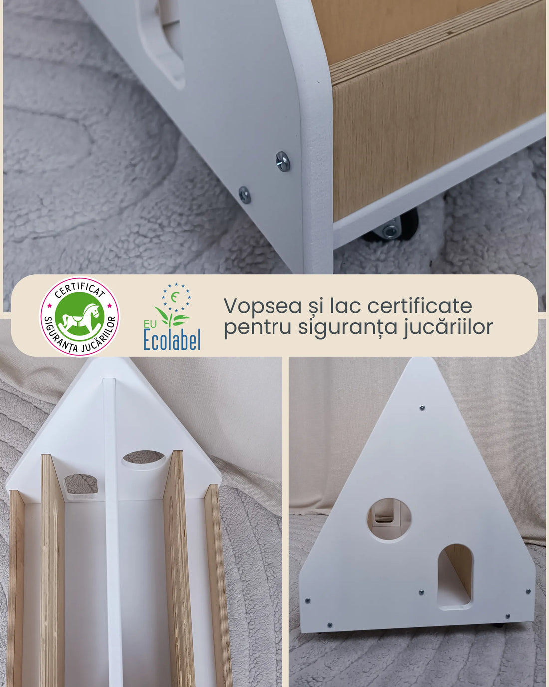 Finisaje sigure și detalii prietenoase cu cei mici. Lac și vopsea pe bază de apă, 100% non-toxice.
