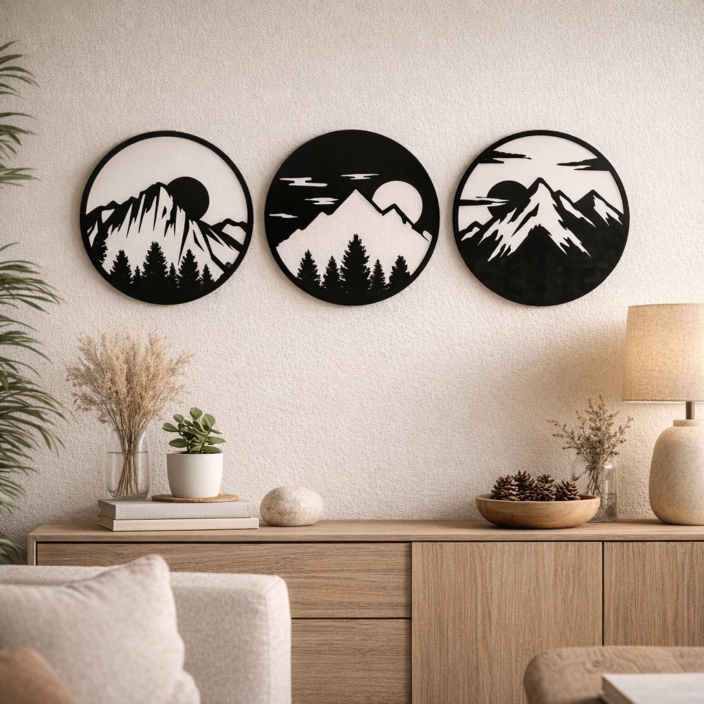 Set 3 modele decorative cu munți, brazi și soare în compoziții circulare