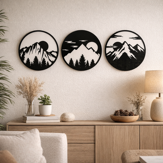 Set 3 modele decorative cu munți, brazi și soare în compoziții circulare