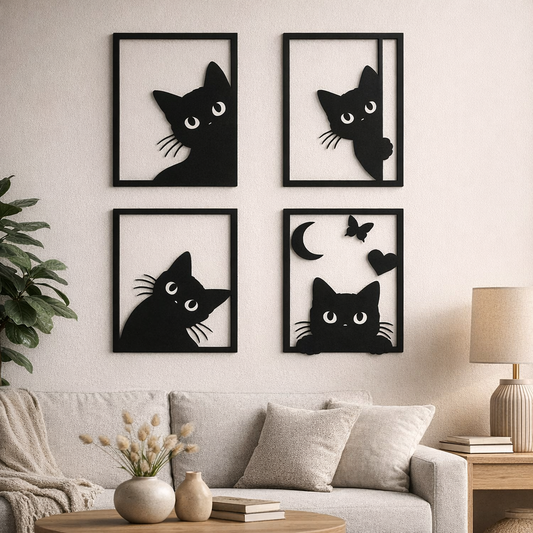 Set 4 panouri decorative cu pisici negre, rame dreptunghiulare și motive diferite