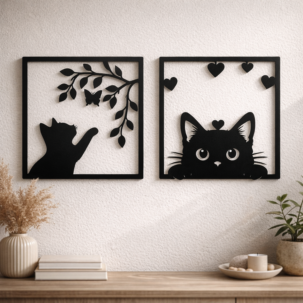 Set 2 decorațiuni cu pisici în ramă dreptunghiulară, siluete negre
