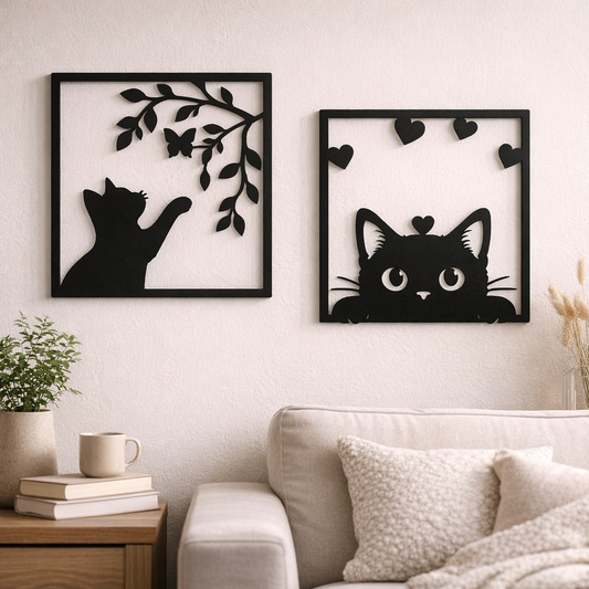 Set 2 decorațiuni cu pisici în ramă dreptunghiulară, siluete negre
