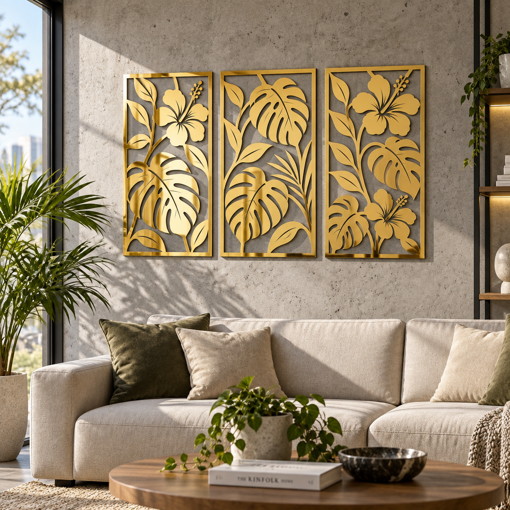 Set 3 decorațiuni de perete Eleganță Tropicală – Plexiglas Oglindă Auriu, 20 × 40 cm | NOOT