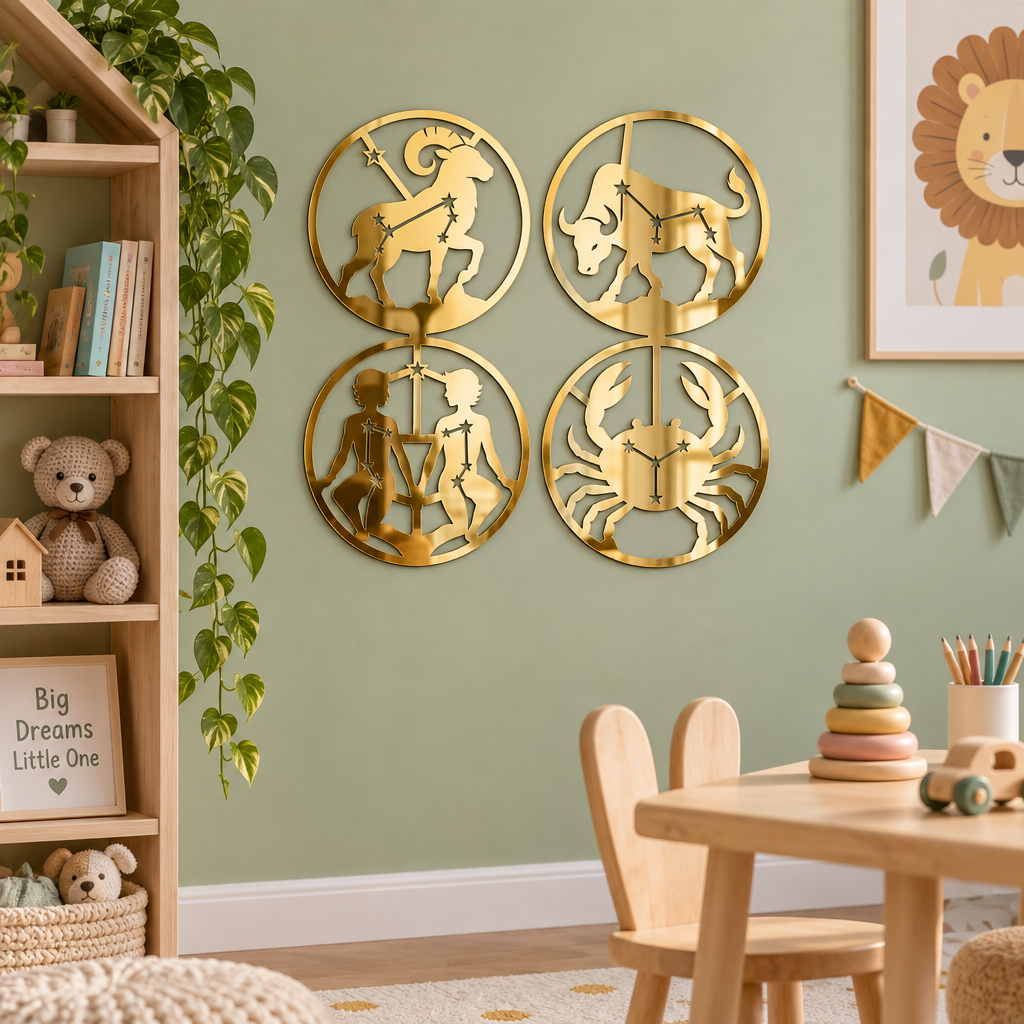 Set 4 decorațiuni zodiacale din plexiglas oglindă auriu, Ø20 cm – Zodiac Mirror Magic | NOOT
