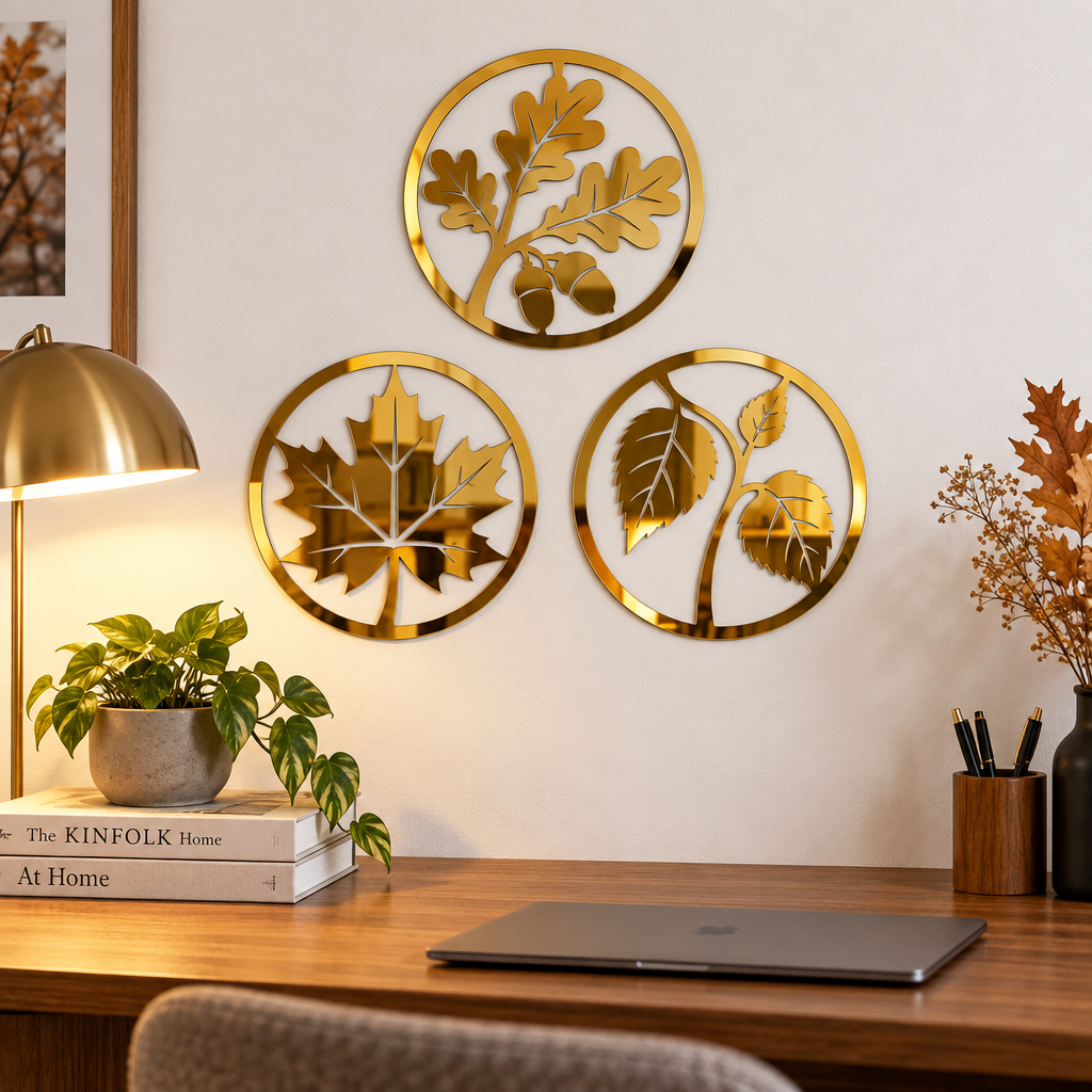 Set 3 decorațiuni de perete din plexiglas oglindă auriu – Toamna în Reflexii, NOOT, Ø20 cm