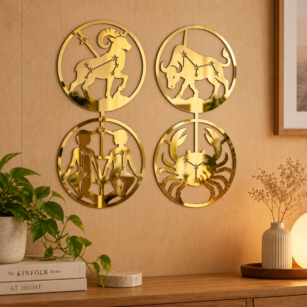 Set 4 decorațiuni zodiacale din plexiglas oglindă auriu, Ø20 cm – Zodiac Mirror Magic | NOOT