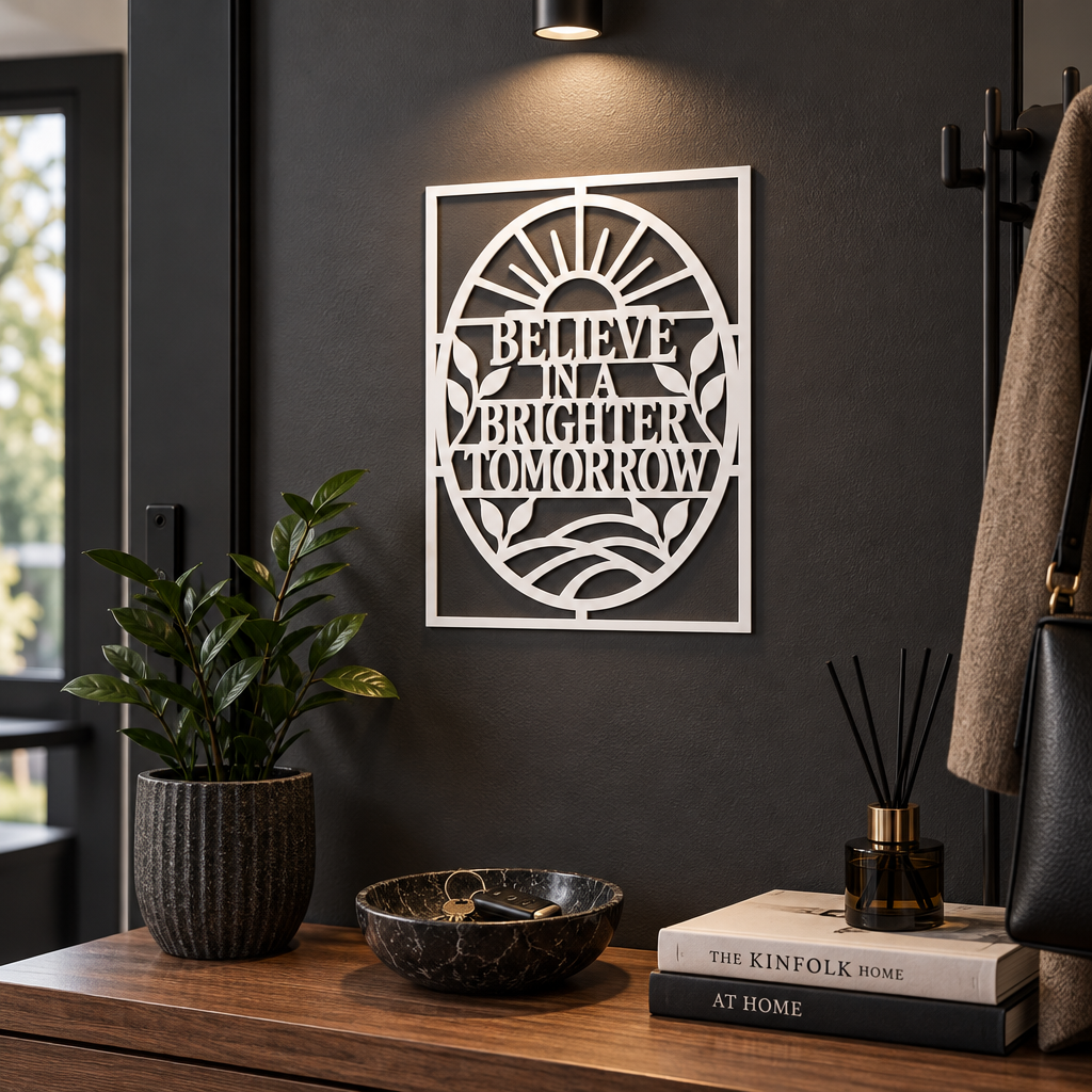 Placă decorativă motivațională „BELIEVE IN A BRIGHTER TOMORROW” – Plexiglas alb, 24 × 24 cm