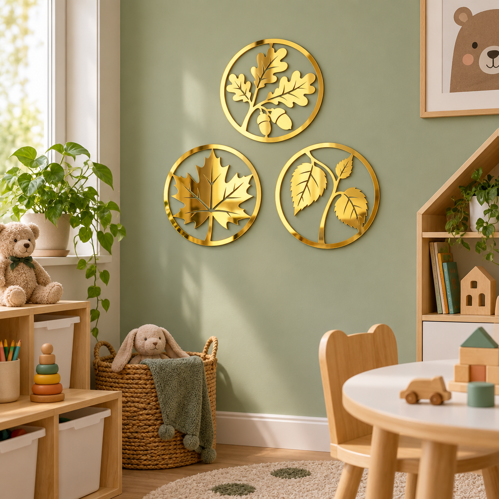 Set 3 decorațiuni de perete din plexiglas oglindă auriu – Toamna în Reflexii, NOOT, Ø20 cm