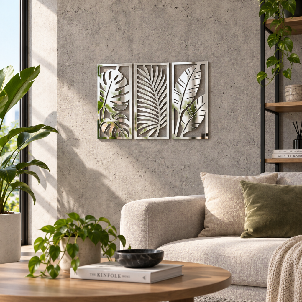 Set 3 decorațiuni de perete din plexiglas oglindă argintiu Tropical Reflections, 41 x 17cm – NOOT