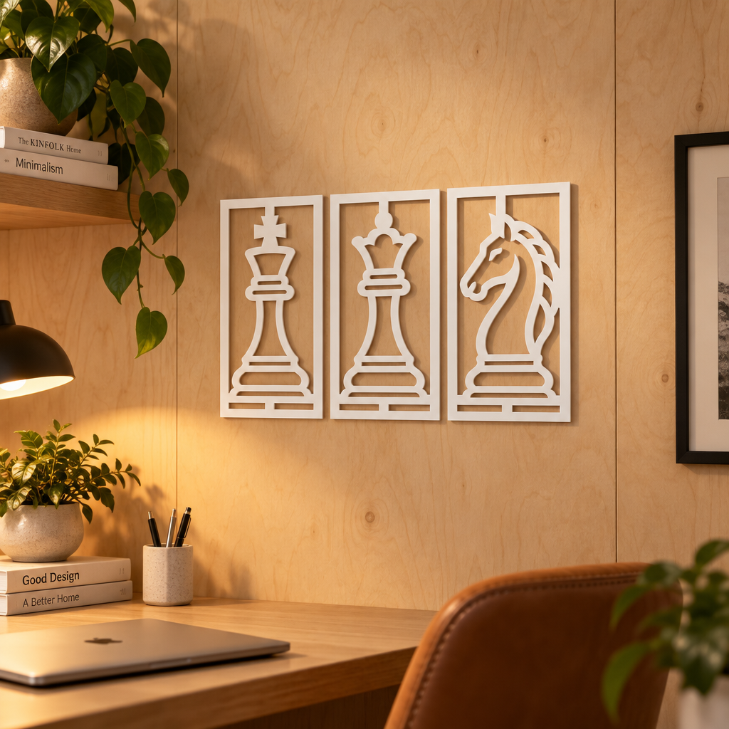 Set 3 tablouri decorative cu piese de șah Chess Elegance – Plexiglas alb, 31 x 16 cm | NOOT