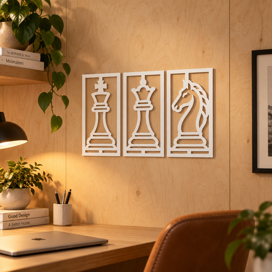 Set 3 tablouri decorative cu piese de șah Chess Elegance – Plexiglas alb, 31 x 16 cm | NOOT