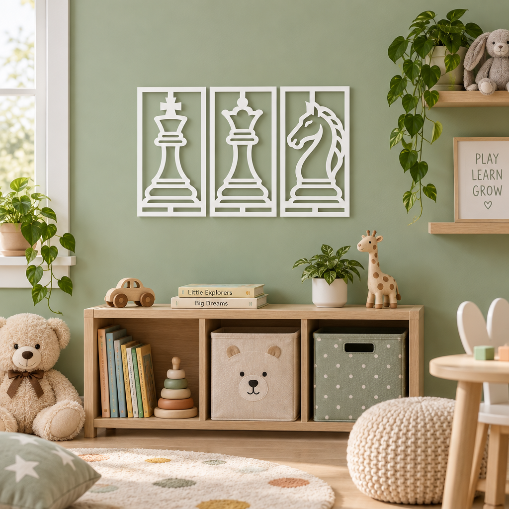 Set 3 tablouri decorative cu piese de șah Chess Elegance – Plexiglas alb, 31 x 16 cm | NOOT