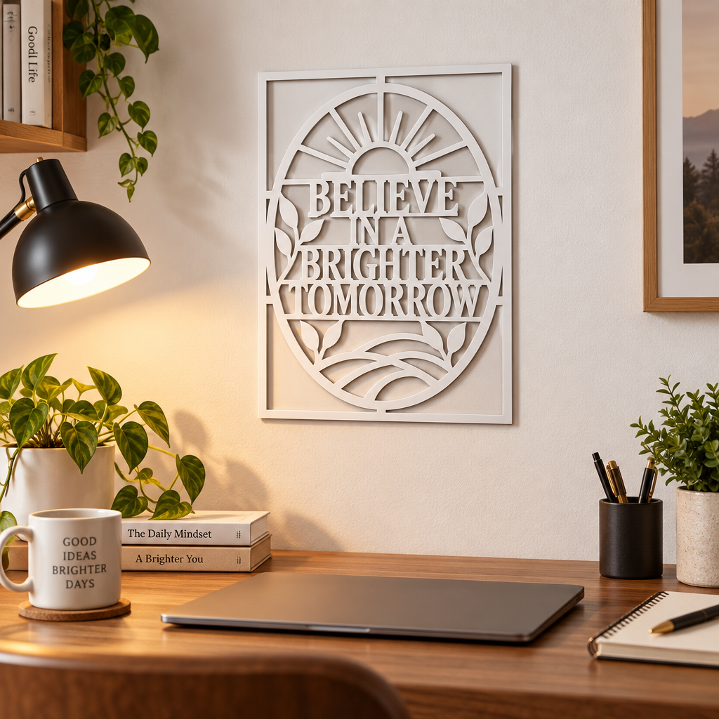 Placă decorativă motivațională „BELIEVE IN A BRIGHTER TOMORROW” – Plexiglas alb, 24 × 24 cm