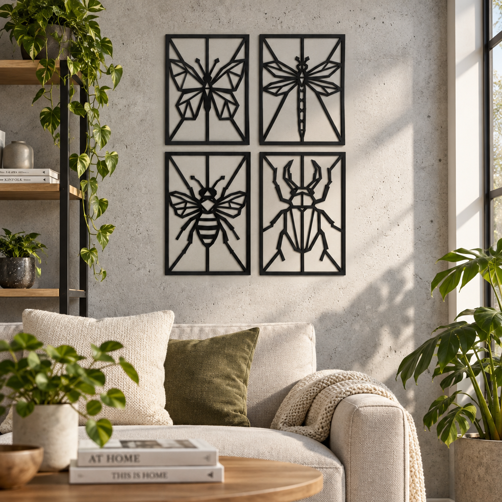 Set 4 decorațiuni de perete Insecte Origami din placaj/plexiglas negru – NOOT
