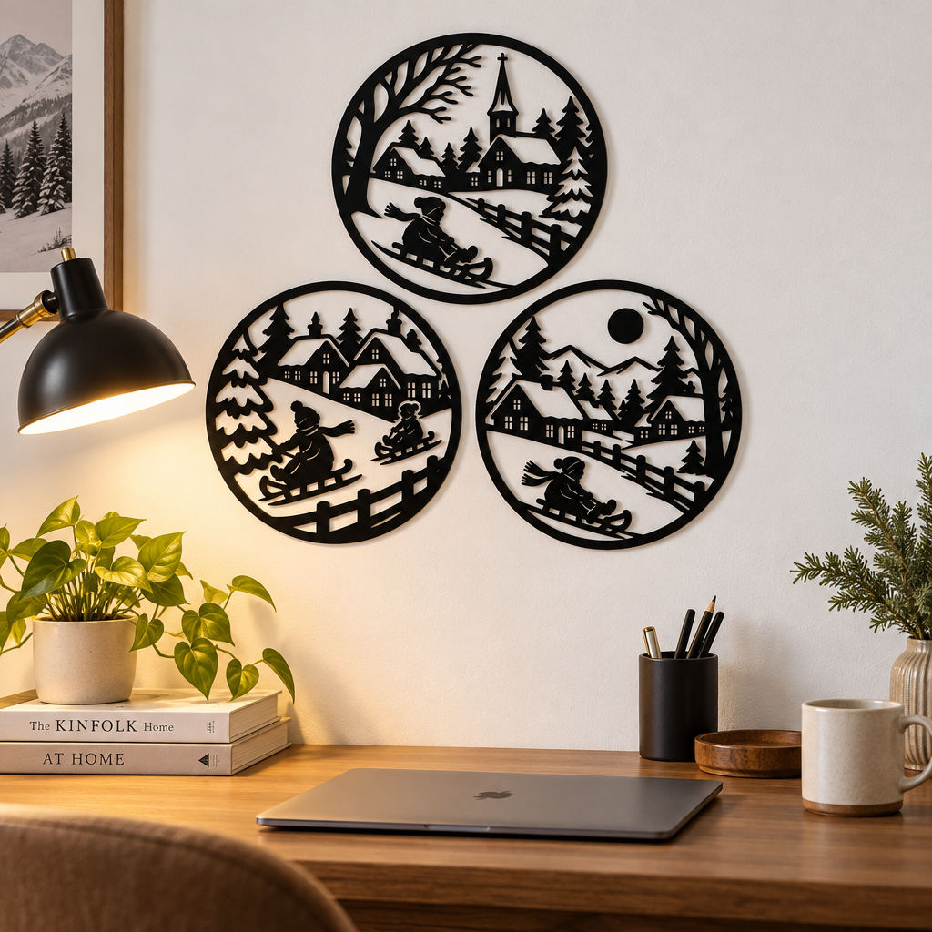 Set 3 decorațiuni de perete Iarna la Țară – Plexiglas negru, Ø 23 cm | NOOT
