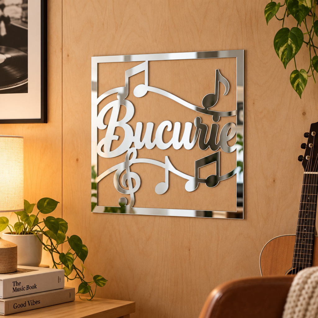 Oglindă decorativă Bucurie cu note muzicale – Plexiglas argintiu, 24 x 24 cm | NOOT