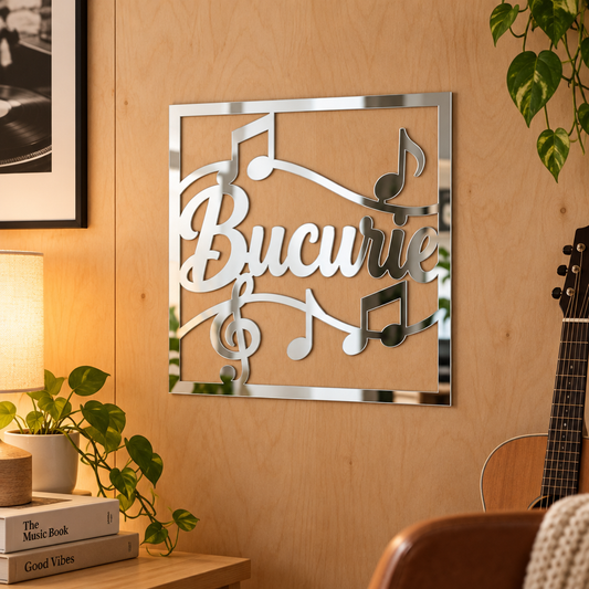 Oglindă decorativă Bucurie cu note muzicale – Plexiglas argintiu, 24 x 24 cm | NOOT