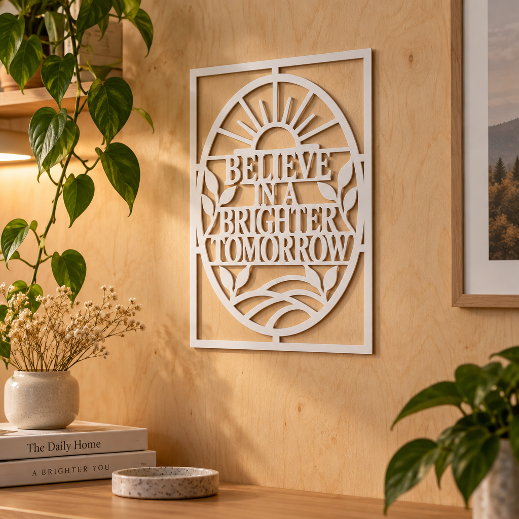 Placă decorativă motivațională „BELIEVE IN A BRIGHTER TOMORROW” – Plexiglas alb, 24 × 24 cm