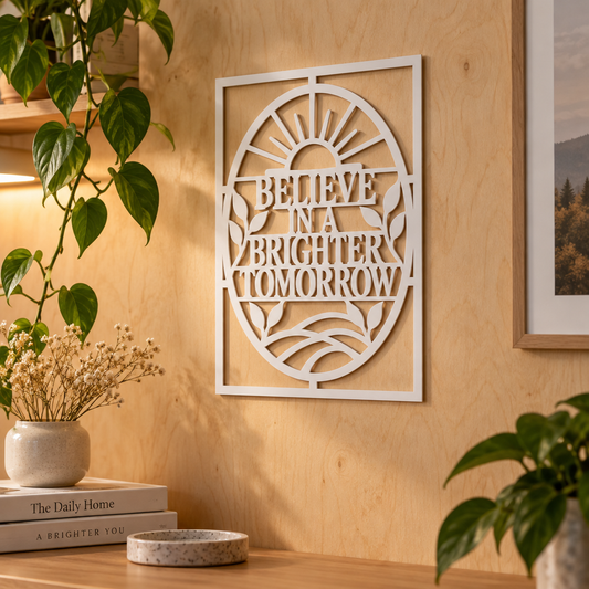 Placă decorativă motivațională „BELIEVE IN A BRIGHTER TOMORROW” – Plexiglas alb, 24 × 24 cm