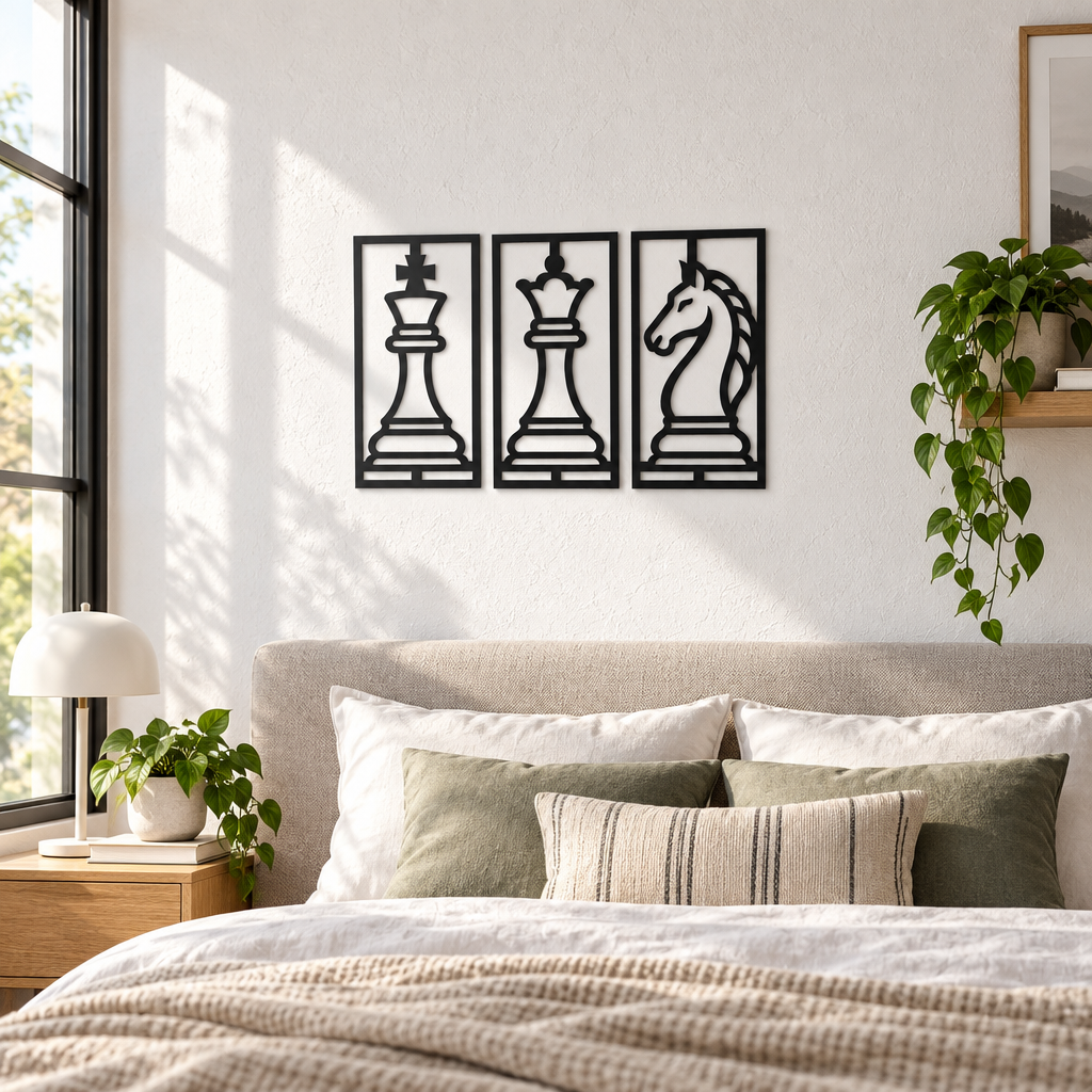 Set 3 tablouri decorative cu piese de șah Chess Elegance – Plexiglas alb, 31 x 16 cm | NOOT