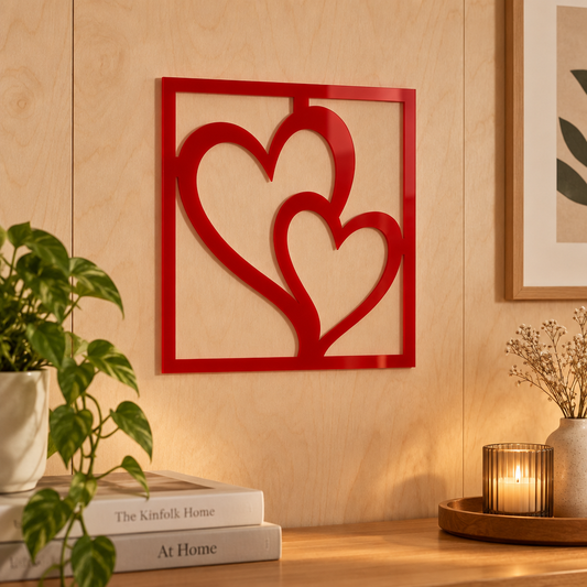 Decorațiune de perete Inimi Asimetrice – Plexiglas roșu, 24 x 24 cm | NOOT