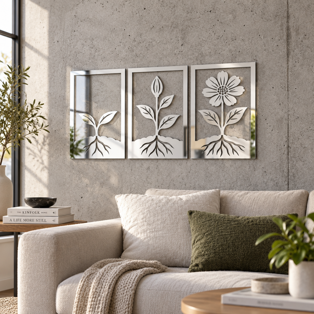 Floral Evolution – Set 3 decorațiuni de perete din plexiglas oglindă argintiu | NOOT