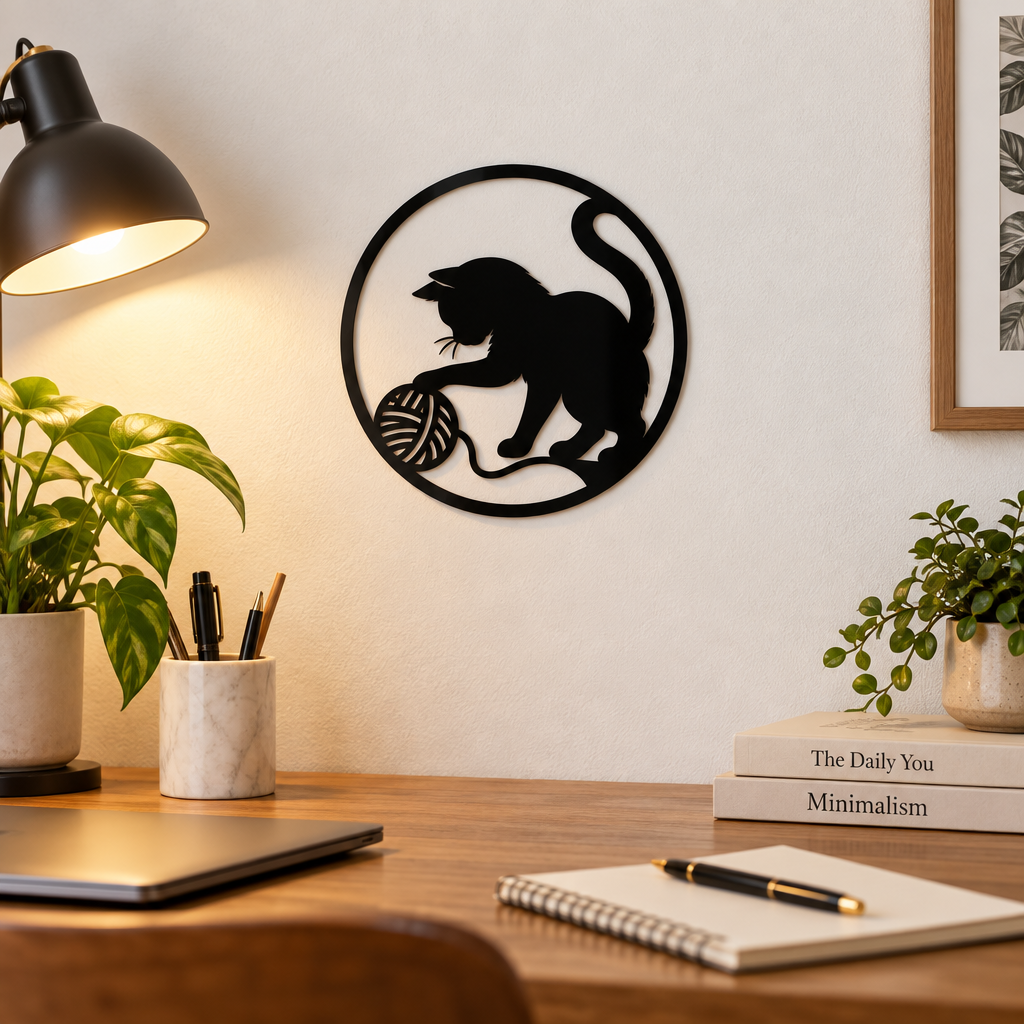 Decorațiune de perete Pisica Jucăușă – Plexiglas negru, Ø 24 cm | NOOT