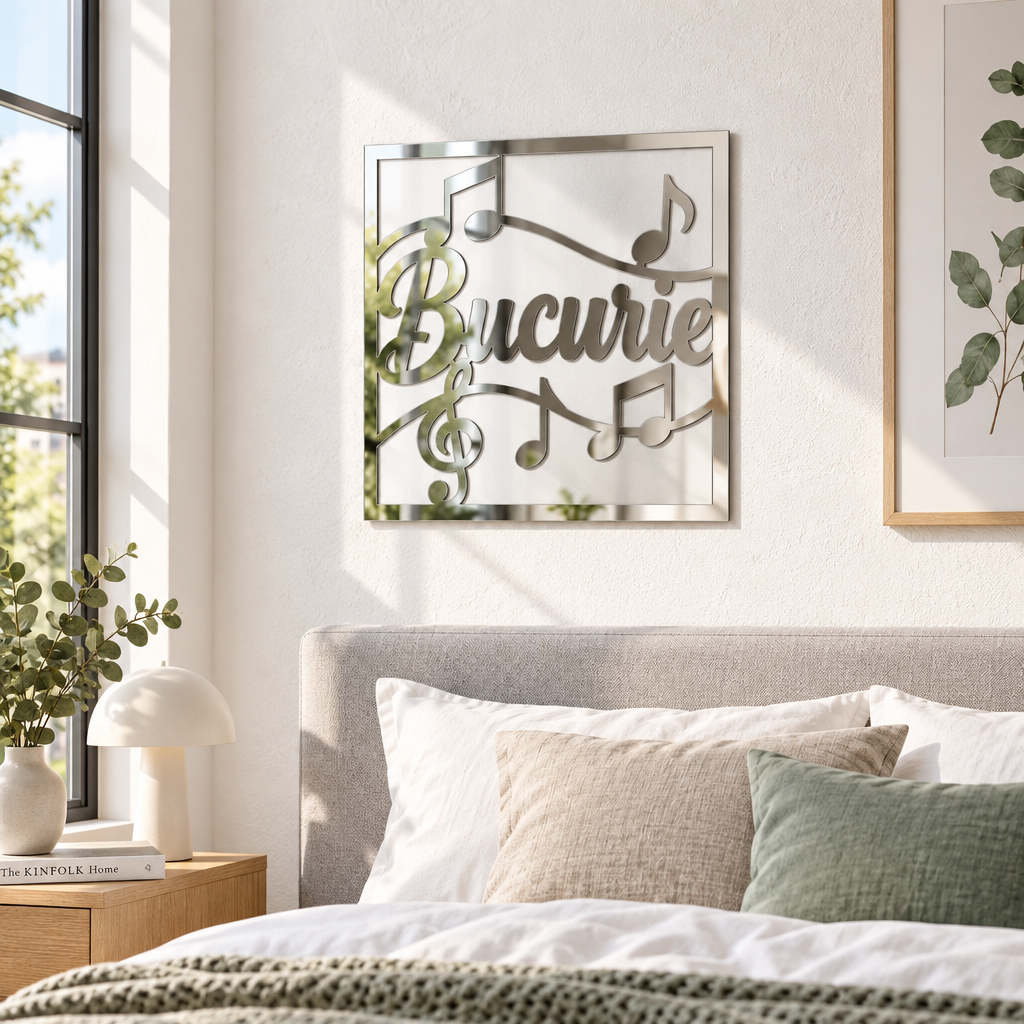 Oglindă decorativă Bucurie cu note muzicale – Plexiglas argintiu, 24 x 24 cm | NOOT