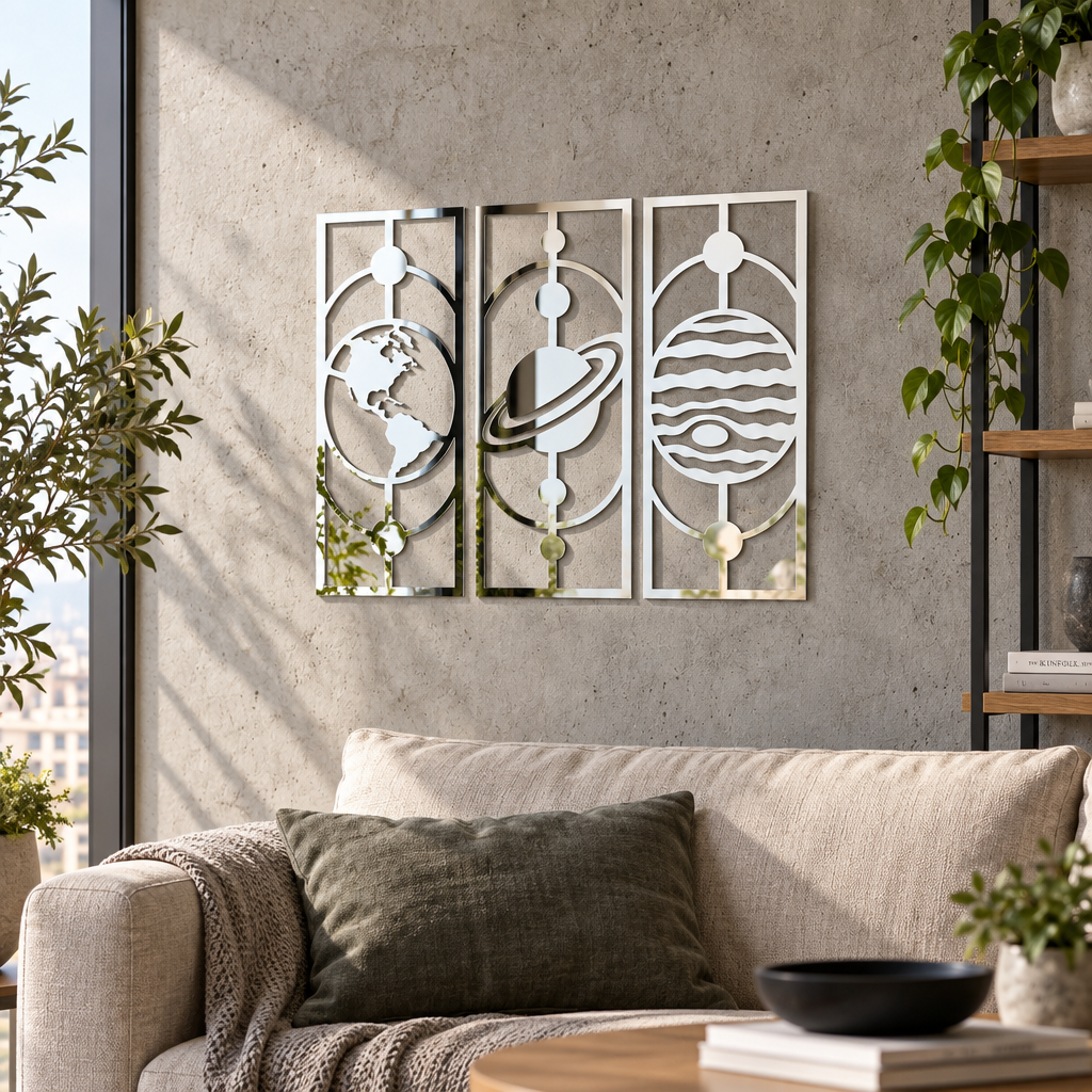 Set 3 decorațiuni de perete Cosmic Reflections – Plexiglas oglindă argintiu, 17 x 42 cm | NOOT