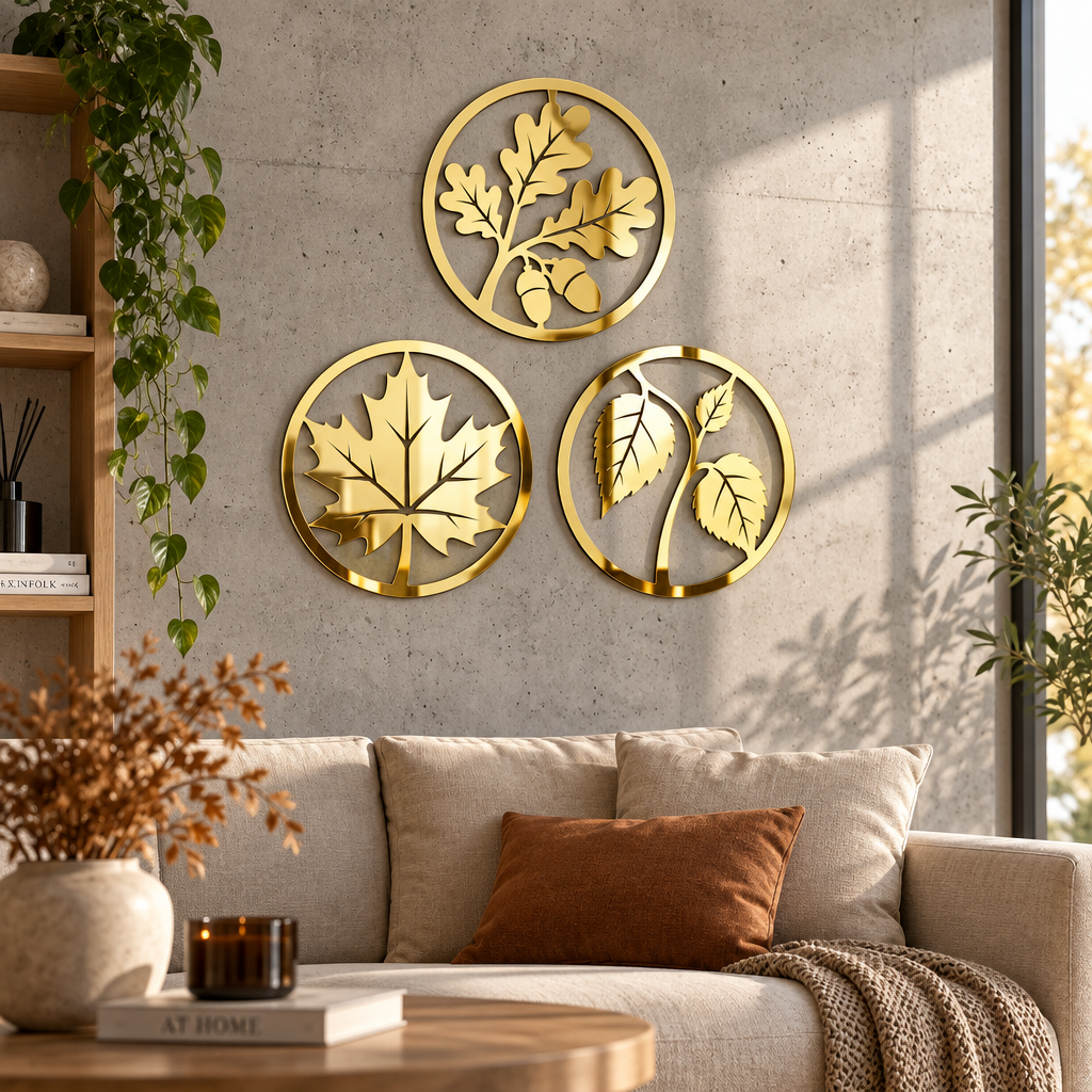 Set 3 decorațiuni de perete din plexiglas oglindă auriu – Toamna în Reflexii, NOOT, Ø20 cm