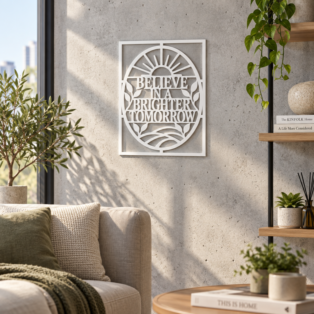 Placă decorativă motivațională „BELIEVE IN A BRIGHTER TOMORROW” – Plexiglas alb, 24 × 24 cm