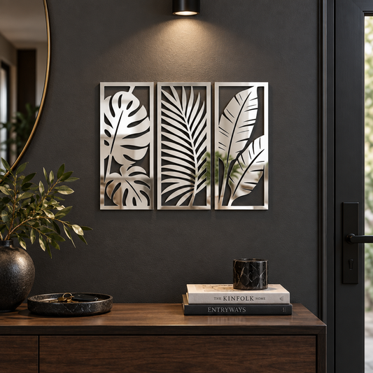 Set 3 decorațiuni de perete din plexiglas oglindă argintiu Tropical Reflections, 41 x 17cm – NOOT