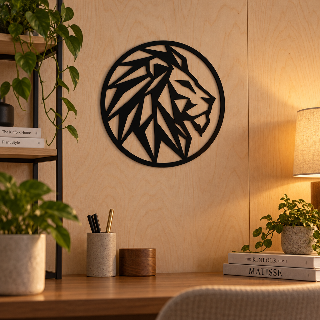 Decorațiune de perete Leu Low-Poly din plexiglas negru, Ø 30 cm – NOOT